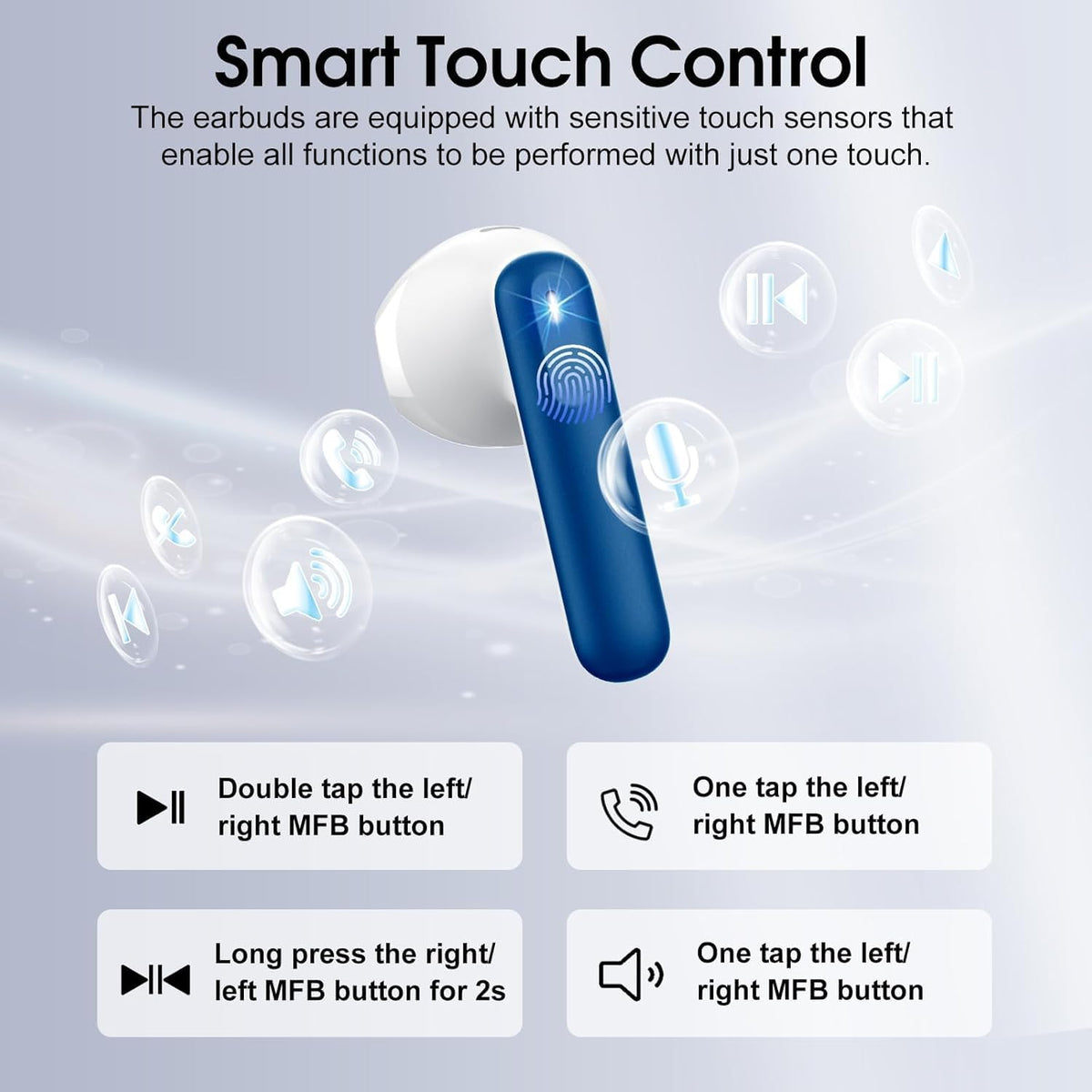 Wireless Earbuds, Bluetooth 5.4 Headphones with 3D Bass Stereo, 40H Ultralight in-Ear Buds, Bluetooth Earbuds with 4 ENC Noise Cancelling Mic, USB-C, IP7 Waterproof Earphones for Android iOS, Blue
