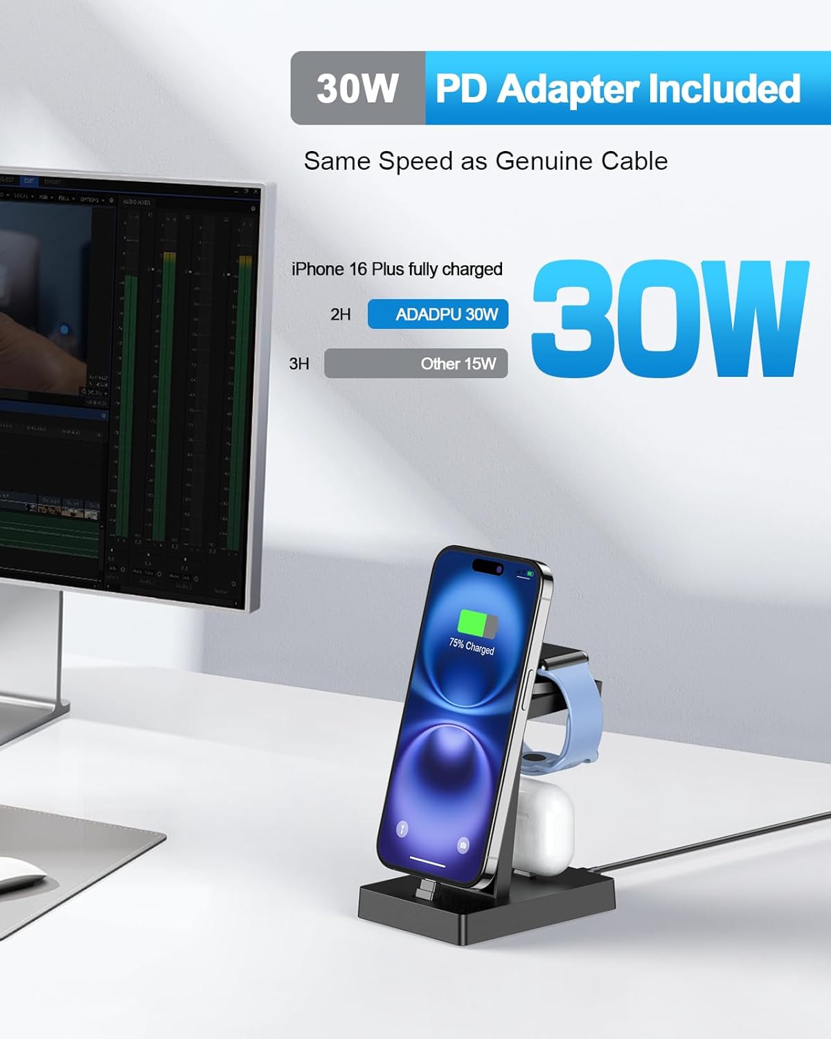 30W Fast 3 in 1 Charging Station for Apple Devices - ADADPU USB C Charger Stand for iPhone 16 15 Pro Max Plus & AirPods 4, Wireless Charger Dock Compatible with Apple Watch Ultra/10/9/8/7/6/5/4/3/2/SE