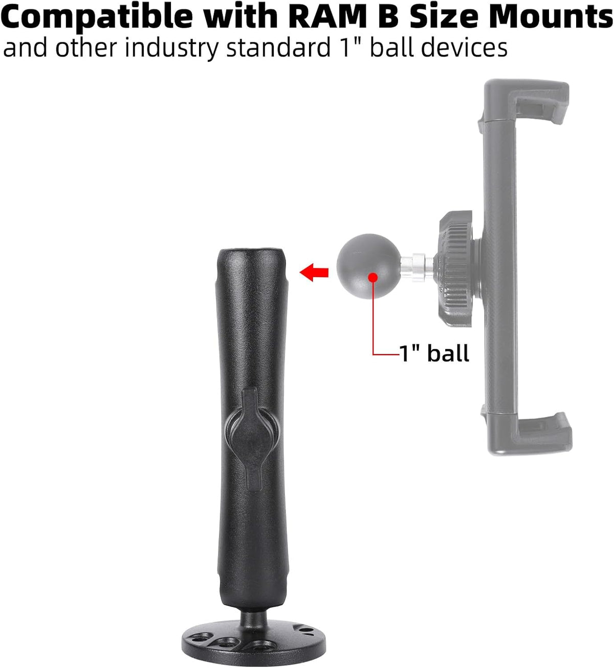 1" Ball Double Socket Arm with AMPS Hole Round Plate Base, Aluminum Alloy Arm&Drill Base, Compatible with RAM Mounts 1 Inch Ball Components, for Bike Car Motorcycle Phone Mount (6.69" Length)