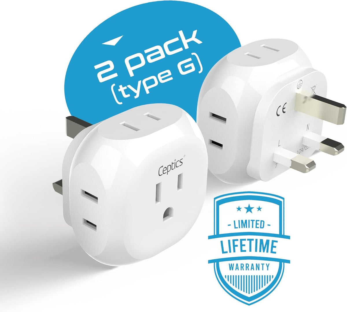 Ceptics US to UK Plug Adapter UK, Ireland Power Adapter Charger 4 Input - Ultra Compact - Light Weight - USA to Any Type G Countries Such as Hong Kong, England and More - 2 Pack (PT-7), White