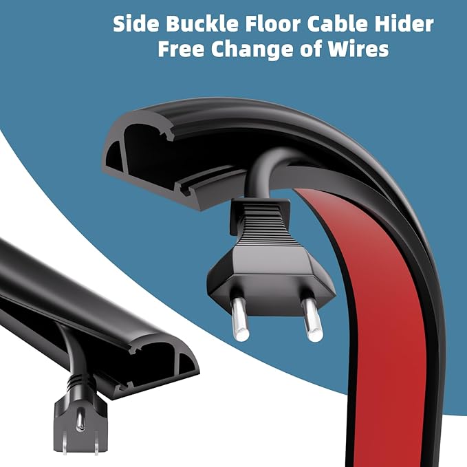 4ft Side Buckle Floor Cord Cover for Wires, Selfadhesive Extension Cord Hider Easy Floor Cable Management Prevent Cable Trips,Silicone Floor Wire Covers for Cords, Cable Protector Cord Cavity（Black）