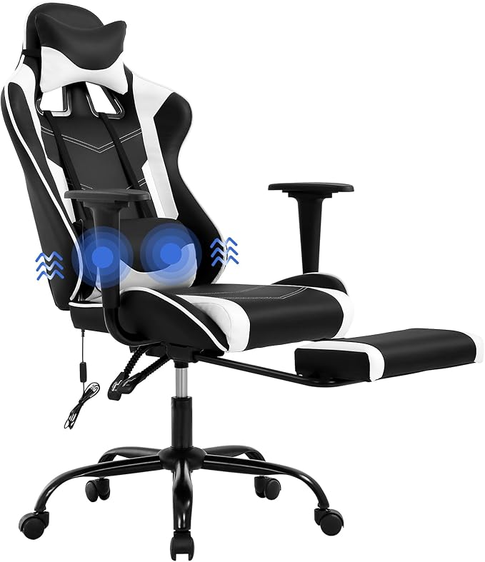 Gaming Chair with Massage &amp Footrest - Ergonomic Racing Office Chair for Adults Women Gamers - Adjustable Reclining PC Gaming and Home Office Desk Chair with Lumbar Support White