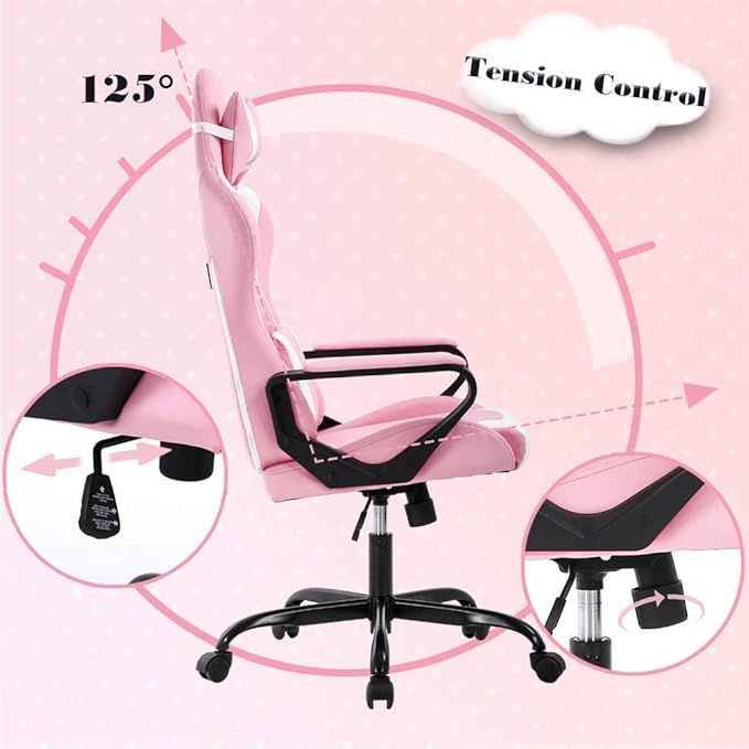 Pink Gaming Chair for Adults - High Back Ergonomic Office &amp PC Gaming Chair with Wheels Reclining &amp Adjustable Headrest &amp Lumbar Support