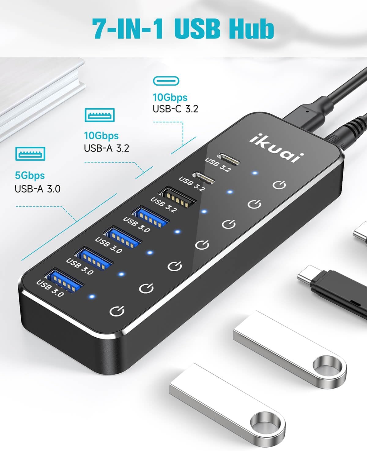Powered USB Hub, ikuai 7-Port USB 3.2 / USB C Hub, with 3 10Gbps Data Ports (2 USB-C + 1 USB-A) and 4 USB A 3.0 Ports for PC Laptops