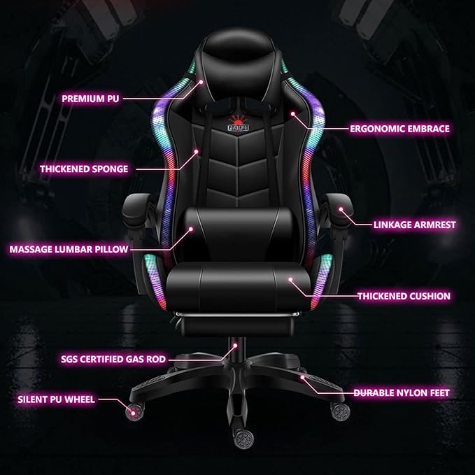 Video Gaming Chair with Speakers and RGB Lights Ergonomic Chair with Seven-Point Massage Function Computer Chair with Footrest and Lumbar Support Gaming Chairs for AdultsPink