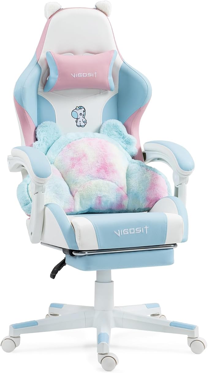 Cute Cat Ears Gaming Chair Girly Ergonomic Computer Chair with High Back 360° Swivel Office Computer Chair with Footrest and Paw Lumbar Cushion for Teens Girls Women (Pink Blue)