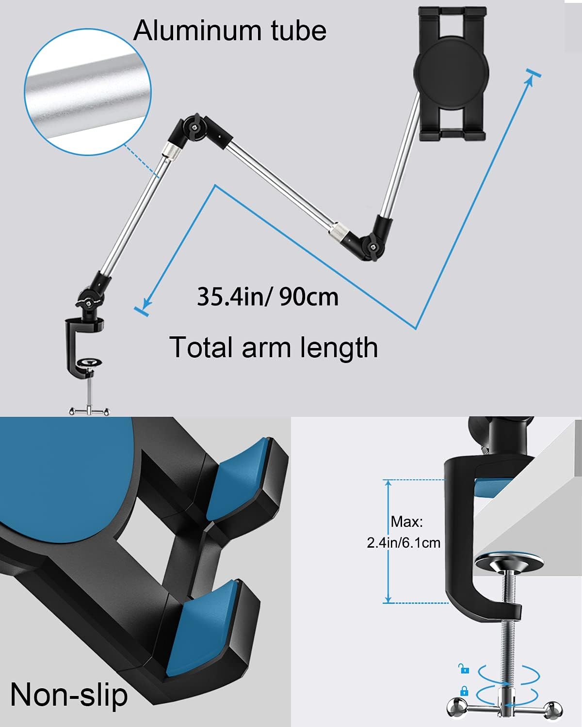 woleyi Adjustable Tablet Mount Holder, 35" Desk/Bed Clamp Phone iPad Stand with Foldable 360° Swivel Arm for iPad Pro 12.9 Air Mini, iPhone, Galaxy Tabs, Nintendo Switch, 4-13" Cell Phones and Tablets