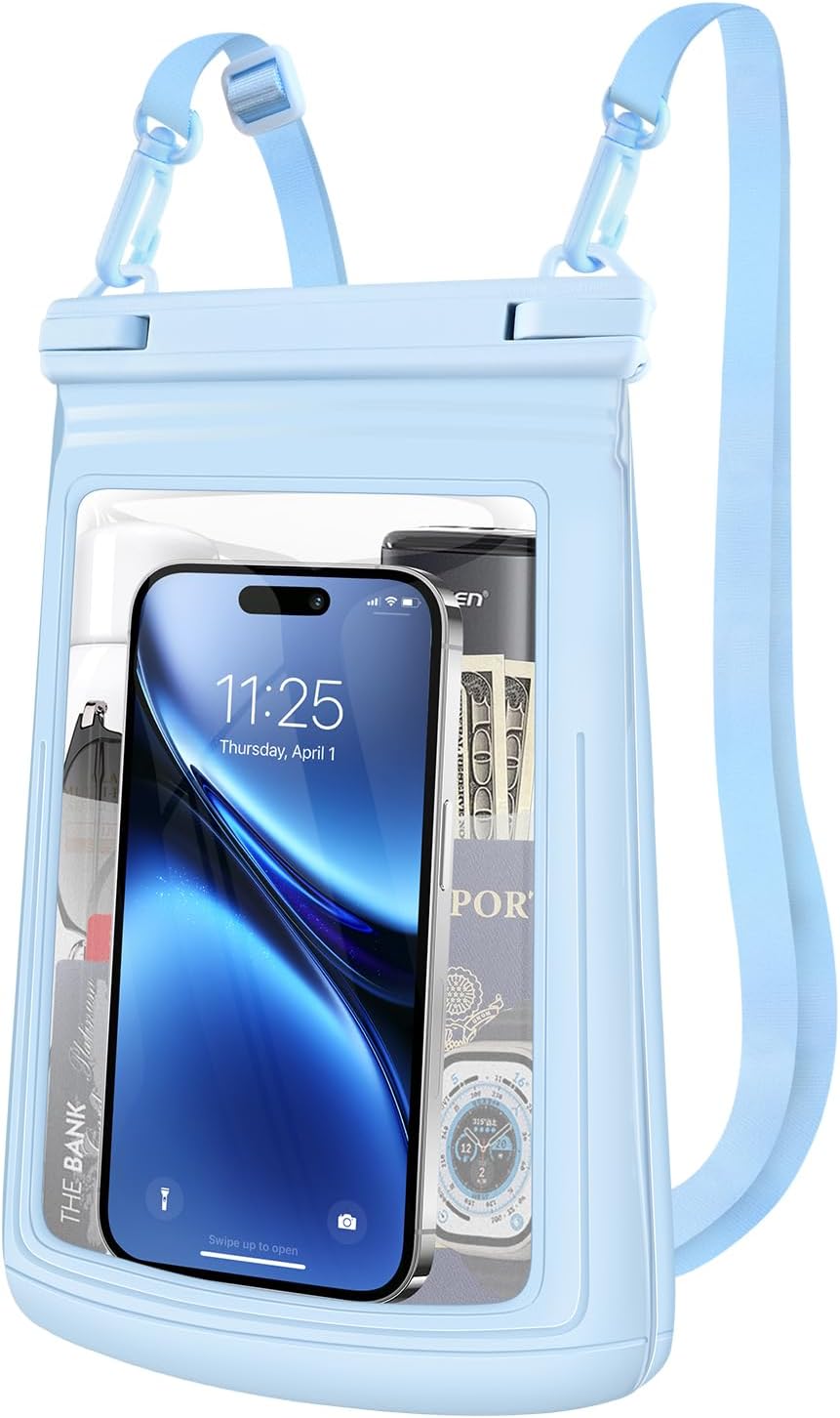 2L Floating Waterproof Phone Pouch for Up to 7.5", Large Space Adjustable Neck Lanyard Waterproof Bag. Dry Bag for Family Vacations, Beach, Pools, Kayaking, Cruises (Blue)