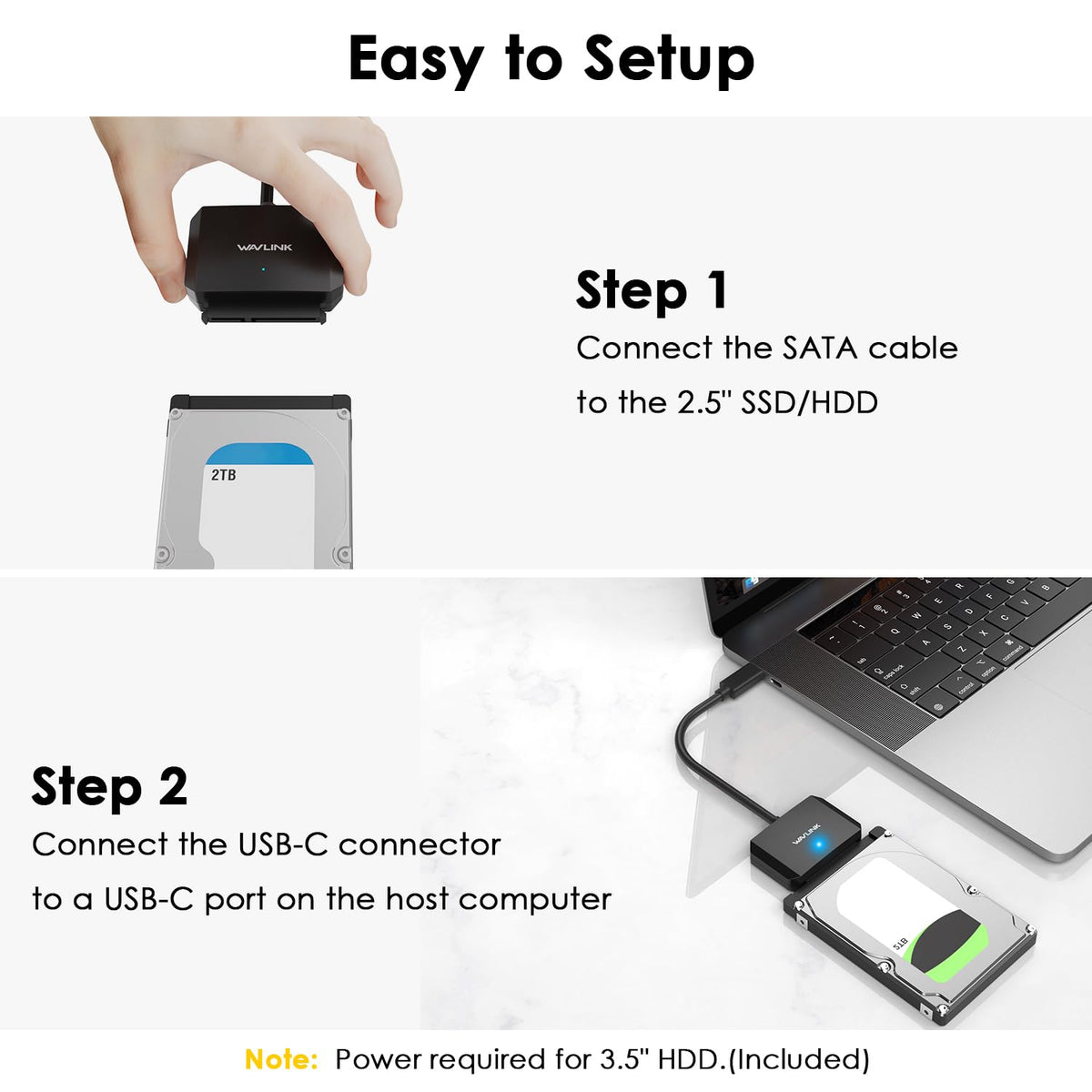 WAVLINK SATA to USB Type-C Hard Drive Cable, 5Gbps USB C to Sata Cable Support UASP, External Hard Drive SATA I/II/III Connector 2.5" SSD/HDD and 3.5" HDD up to 20TB, Power Adapter Included