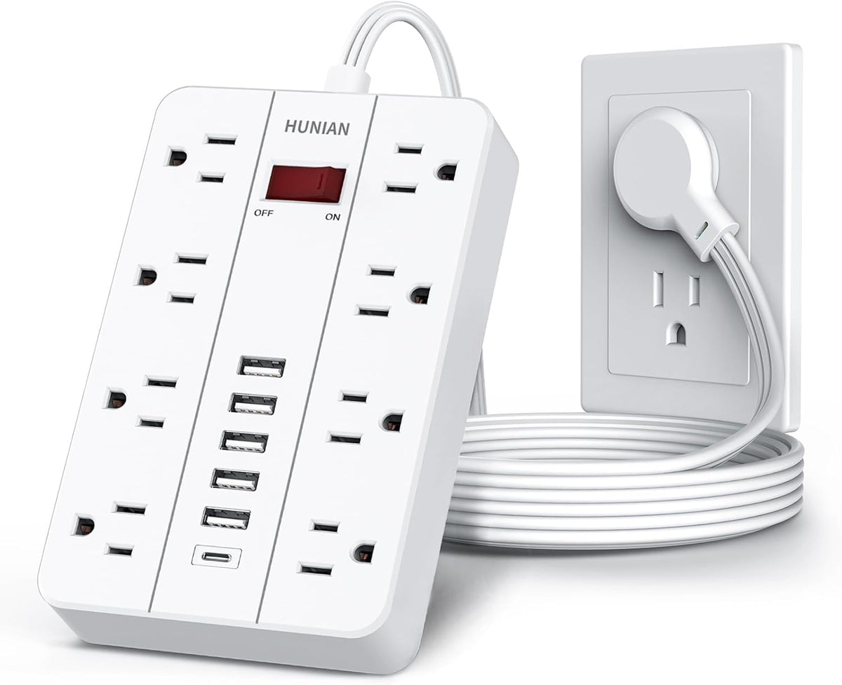 HUNIAN 5 8 6 (1 Power Strip with USB, Flat Plug Extension Cord Surge Protector Ft, Power Strip with Widely Spaced