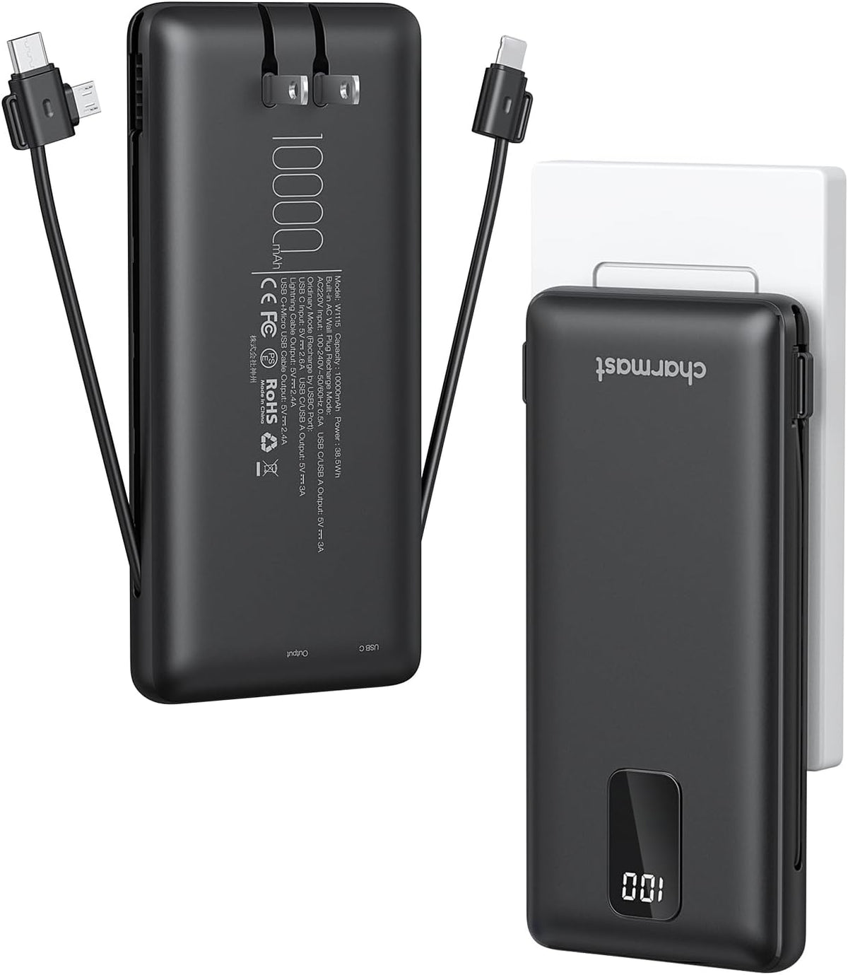 charmast Portable Charger with Built-in Cables & Wall Plug, 10000mAh Portable Power Bank, External Battery Pack Travel Essentials Compatible with iPhone 16/15/14/13, Samsung, iPad etc