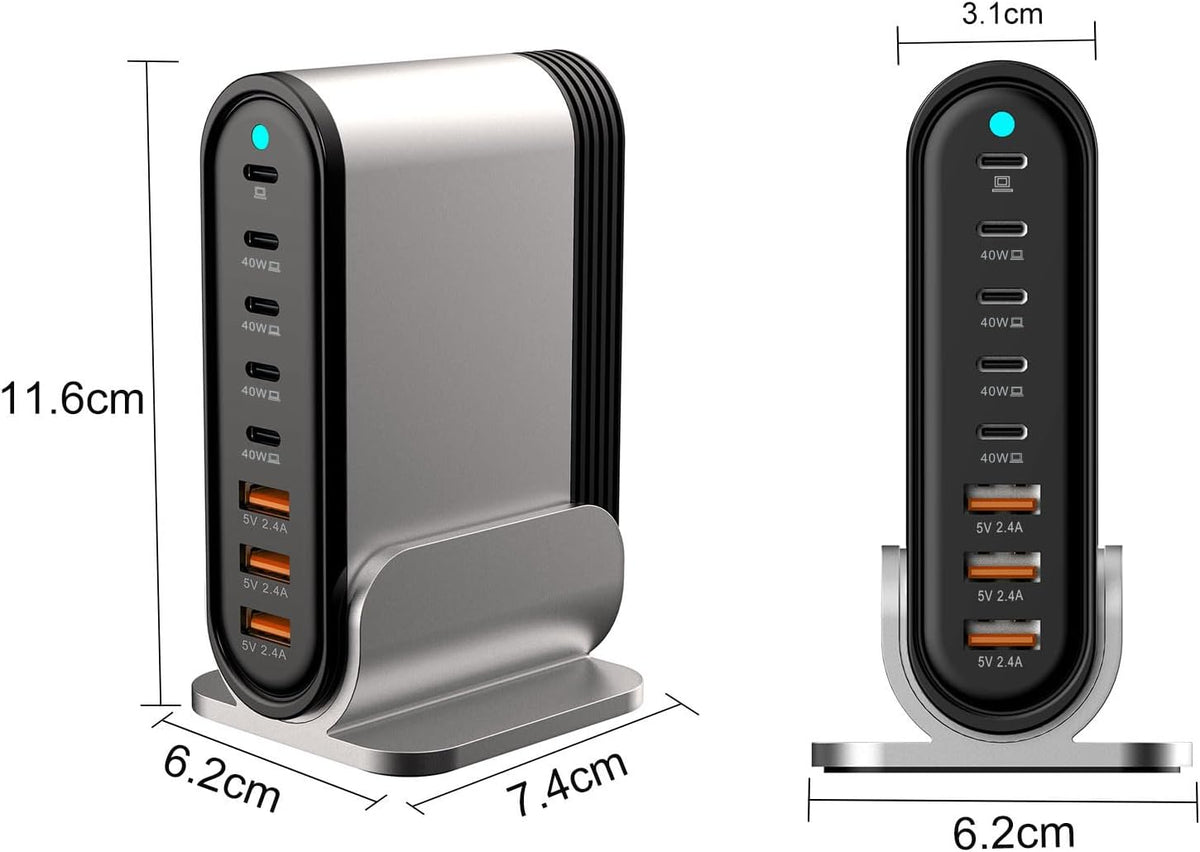 USB C Fast Charger : Fast Charging Station : 285W-8 Port Desktop Multiple Devices Power Adapter for Laptop MacBook Pro/Air, DELL, Tablet iPad Pro/Air, iPhone 16/15/14, Galaxy S23/22