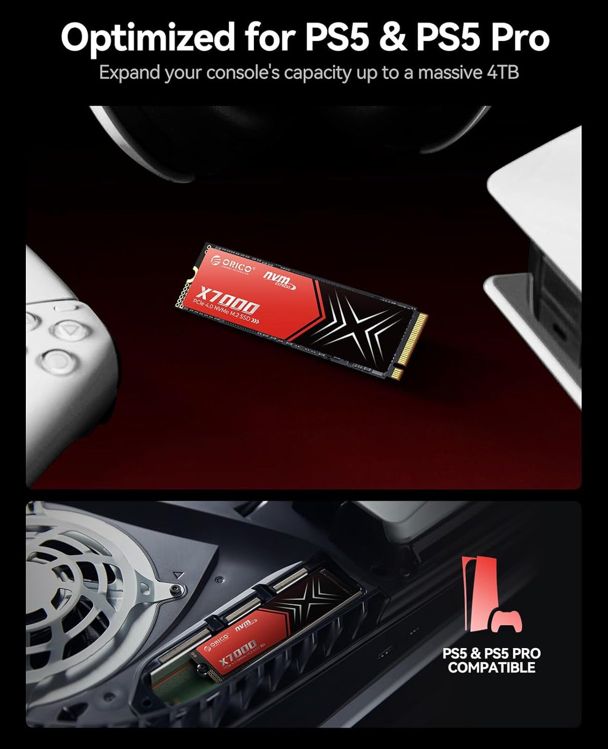 ORICO X7000 1TB NVMe SSD for Gaming, 7100MB/s Read Speed, 17μs Response Time, PCIe Gen 4 Internal Drive, PS5 & PC Compatibility, Comes with Heatsink for Enhanced Cooling and Multitasking