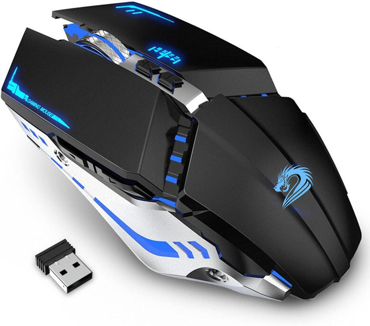 TENMOS T12 Wireless Gaming Mouse Rechargeable, 2.4G Silent Optical Wireless Computer Mice with Changeable LED Light for Laptop PC, 7 Buttons (Black)