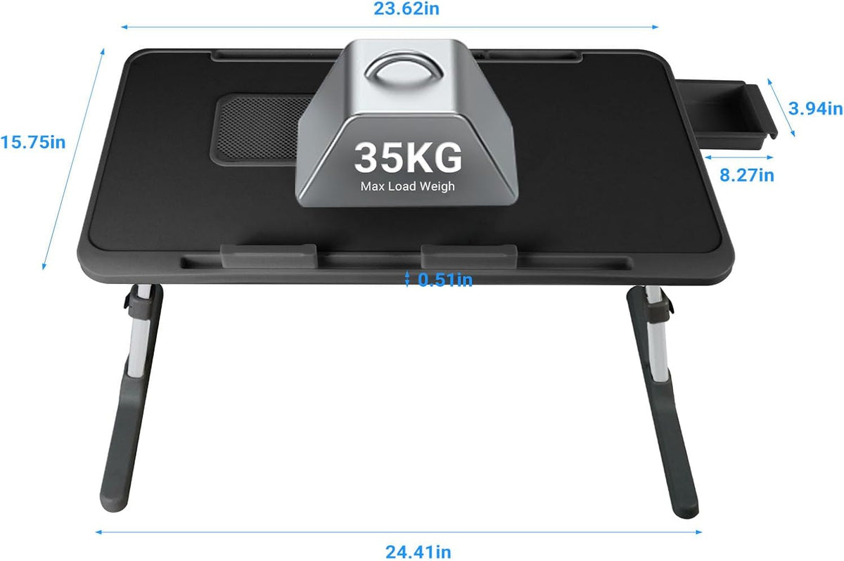 Laptop Lap Desk Include Cooling Fan,Adjustable Lap Desk with Light Fan,Folding Laptop Desk for Bed with USB,Bed Desk with Storage Drawer 56 * 32cm,Black