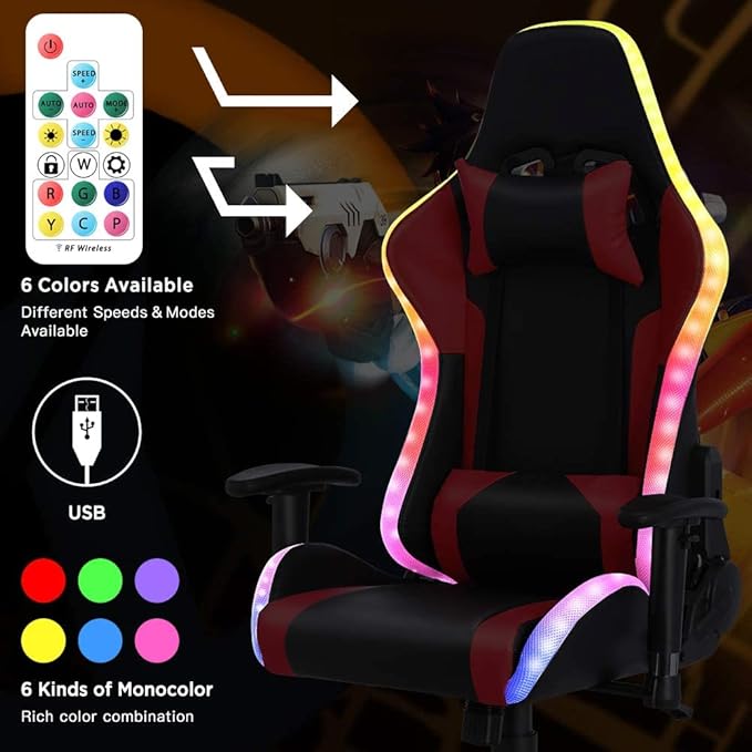 Gaming Chair with LED Light Ergonomic Chair with Massage and Bluetooth Speaker Executive Office Chair with Footrest 360° Rotation90-135° AdjustableSuitable for Office Bedroom Gaming