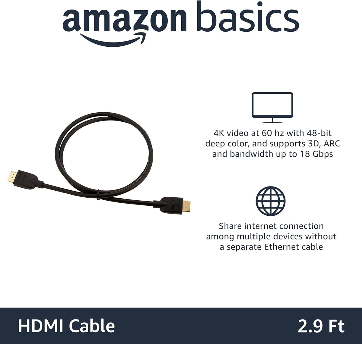 3ft, 4K@60Hz, 2.0 18Gbps, 2160p, 48 TV/PS5/Xbox/Roku, Amazon Basics HDMI Cable, High-Speed HDMI Cord, bit, Compatible