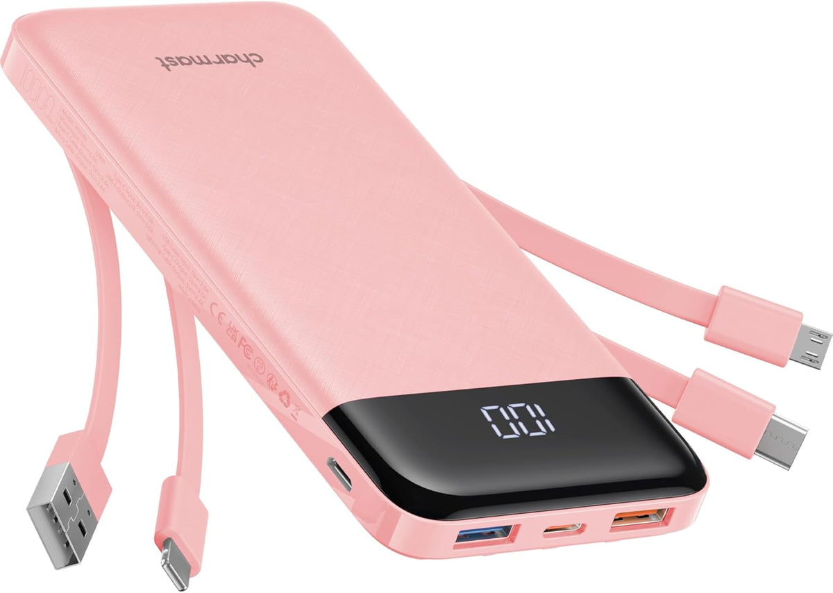 Charmast Portable Charger with Built in Cables, Power Bank with Cords Wires, Slim 10000mAh Travel Battery Pack 6 Outputs 3 Inputs 3A Fast Charging for Samsung Google Pixel LG Moto iPhone iPad