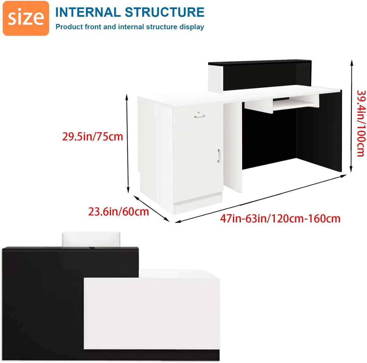 Reception Desk with Counter Modern Checkout Counter with Lockable Drawer Keyboard Tray Receptionist Desk for Office Salon Reception Table P Left 63inch/160cm