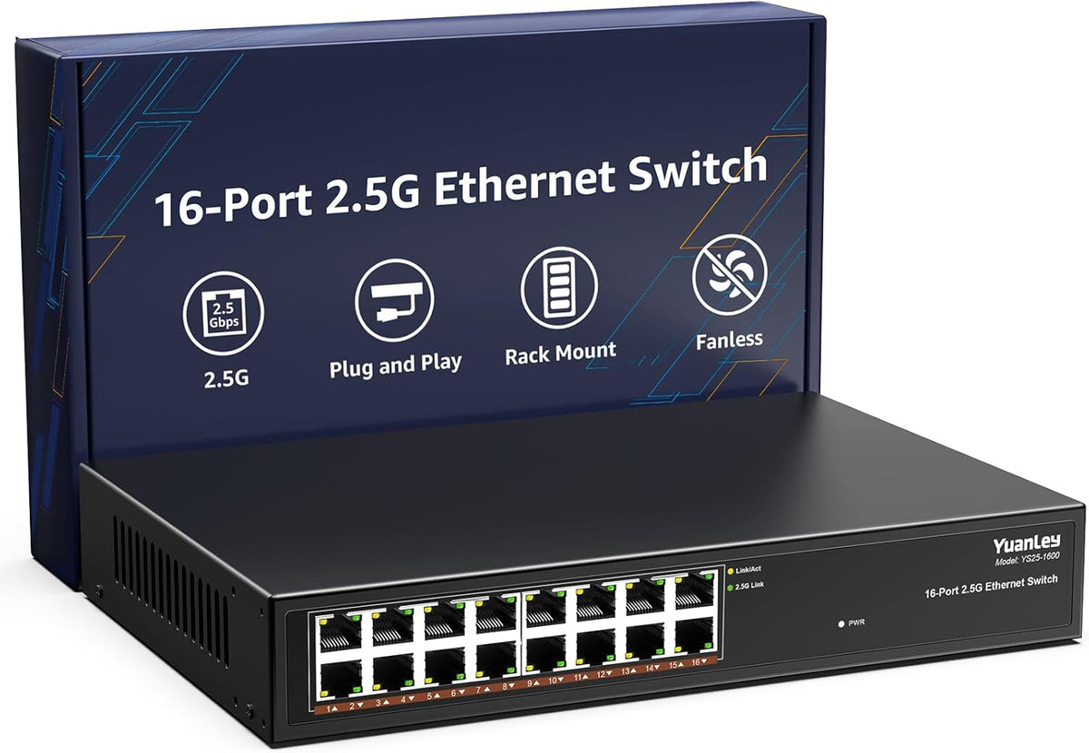 YuanLey 16 Port 2.5GB Umanaged Ethernet Switch, 16 x 2.5G Base-T Ports, Compatible with 100/1000/2500Mbps, Metal Fanless, Desktop/Rack Mount YuanLey 2.5 Gigabit Network Switch for Wireless AP, PC