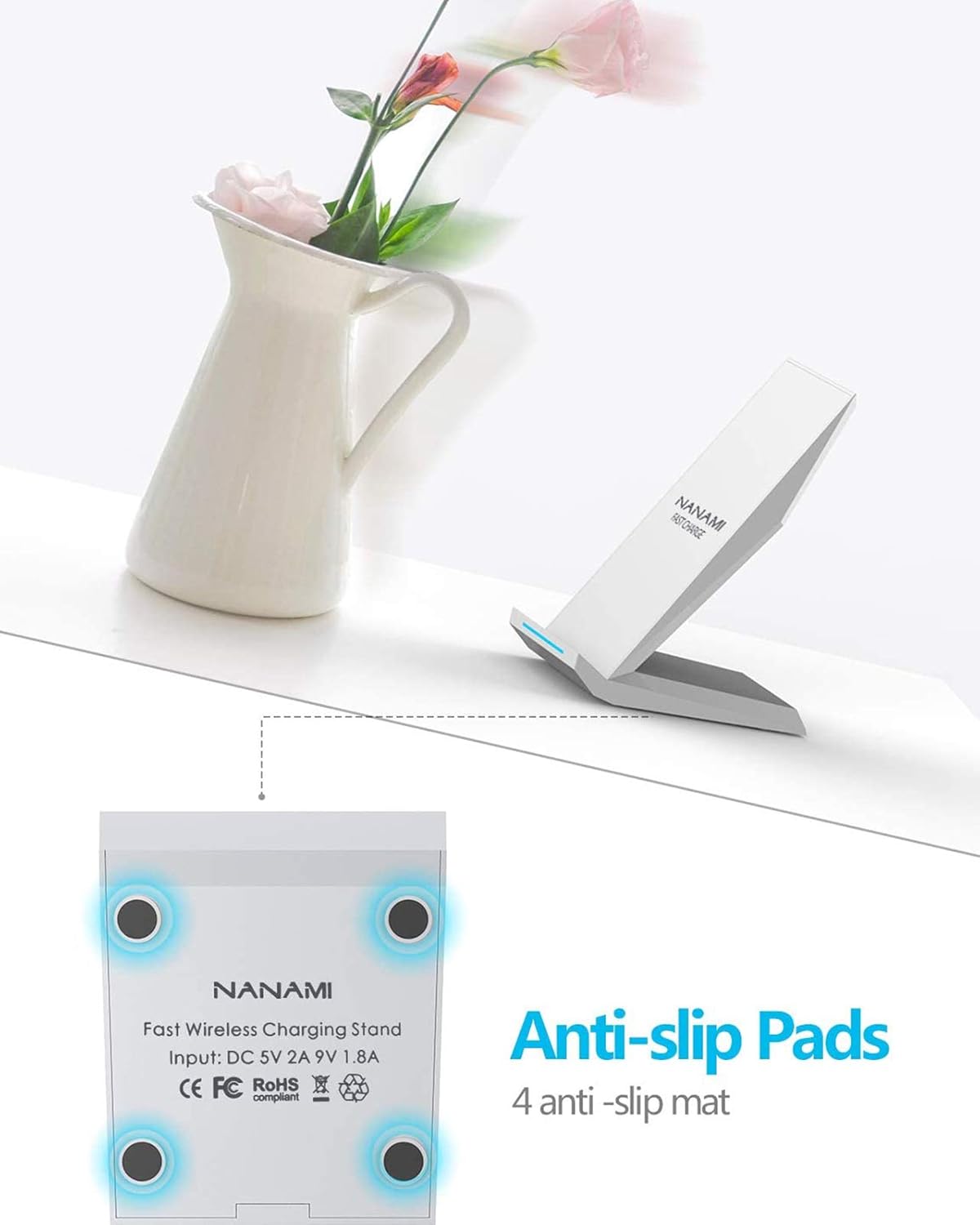NANAMI Fast Wireless Charger, Qi Certified Charging Stand[with QC3.0 Adapter] 7.5W Compatible iPhone 16/16 Plus/16 Pro/16 Pro Max/15/14/13/12,10W for Samsung Galaxy S24/S23/S22/S21/S20/S10/S9/Note 20