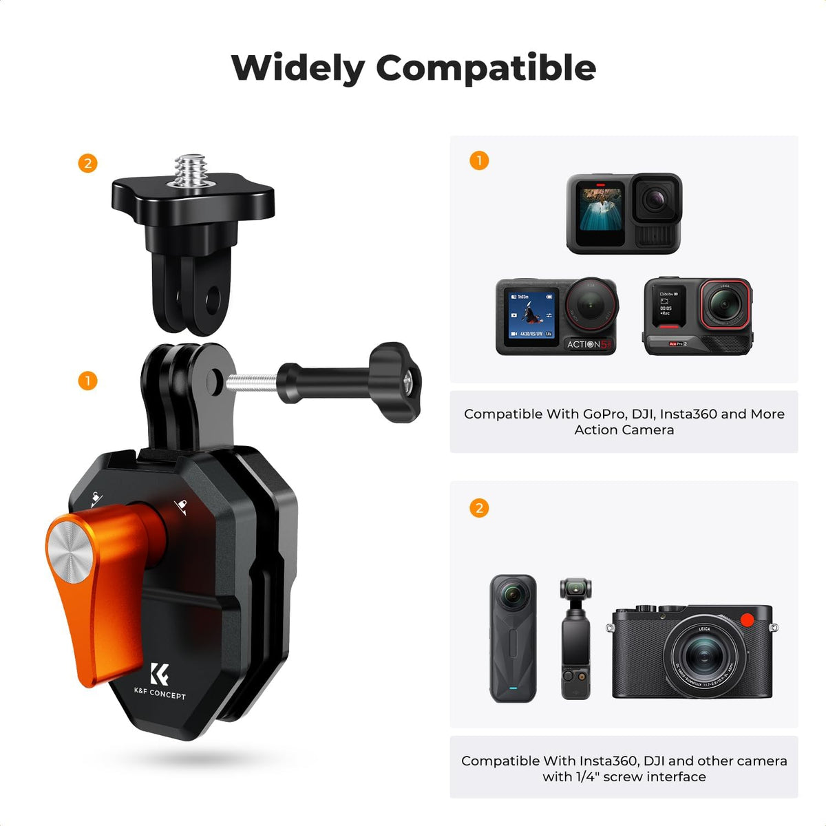 K&F Concept Motorcycle Windshield Clip Mount for GoPro Hero 13/12/11/10/9 Black, Aluminum Alloy Camera Clamp with 1/4” Adapter for DJI Osmo Action 3/4/5 Pro Insta360 X5/X4, Action Camera Accessories