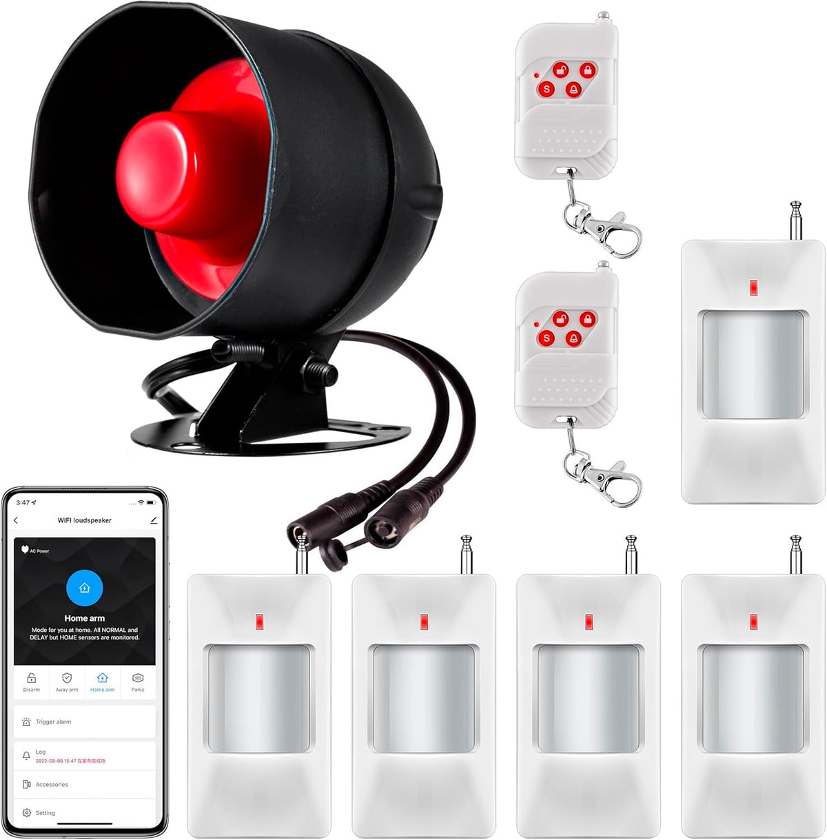 WiFi Alarm Security System, 120dB Home Alarm System with Free Notification APP Control and Motion Sensor and, WiFi Siren for Shed Garage Alarm