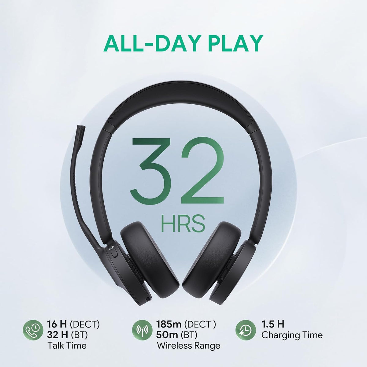 Yealink WH64 DECT & Bluetooth Dual Teams Wireless Headset, 606 ft Range On Ear Work Headphones with 3X Noise Cancelling Mic, 32H Talk Time, Ringer, Office Headsets for Desk IP Phone, PC,Cellphone