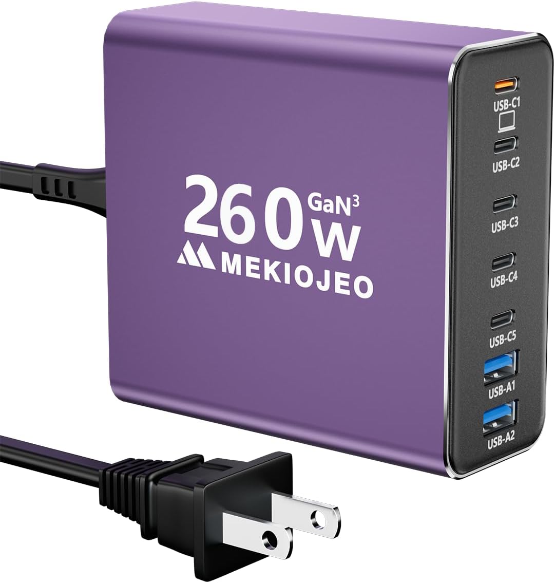 Aluminum Alloy USB C Charger GaN Fast USB C Charging Station 7 Ports 65W Laptop Charger for MacBook Pro/Air/iPad Pro/iPhone (Purple)