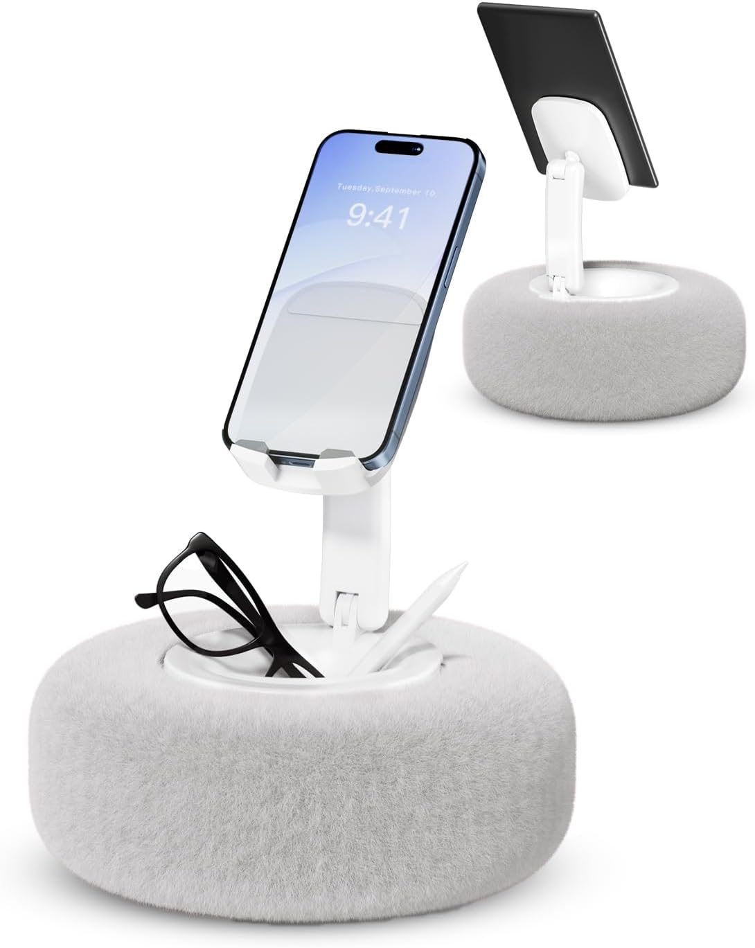 Phone Stand with Pillow, Adjustable iPhone Stand with Anti-Slip Strips, High-Viscosity Pads – Compatible with 4"-7" Devices, Including iPhone, iPad, Kindle, and Android (Grey)