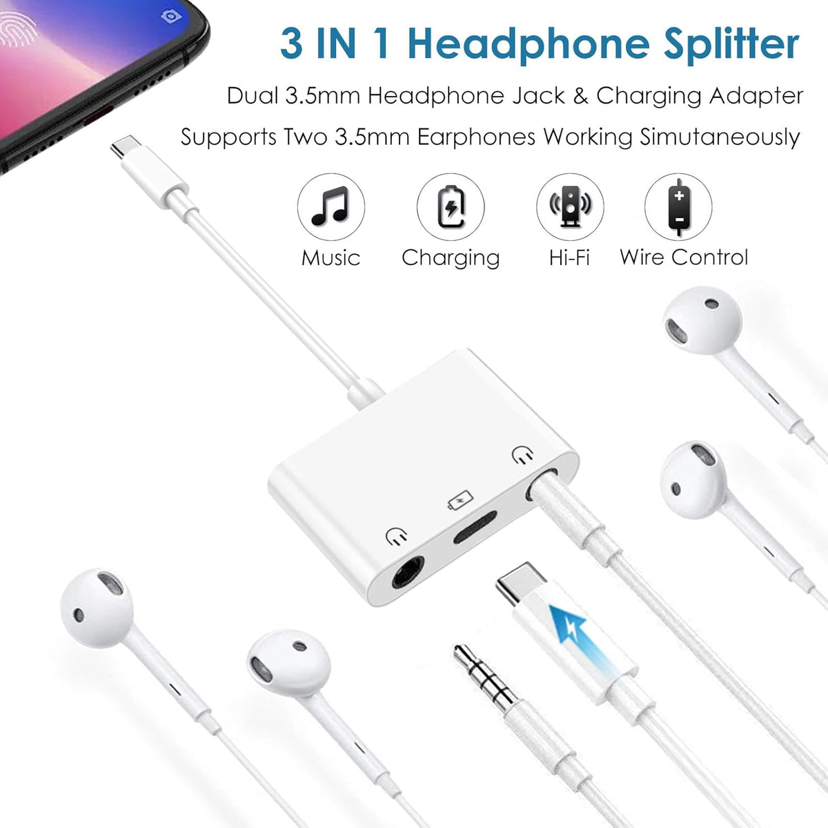 USB C to 3.5mm Audio Adapter, 3-in-1 Aux to USB C Headphone Splitter with PD Fast Charging, 3.5mm to USB C Headphone Jack Adapter Compatible with iPhone 15/16, iPad Pro, Galaxy S24/S23, and More