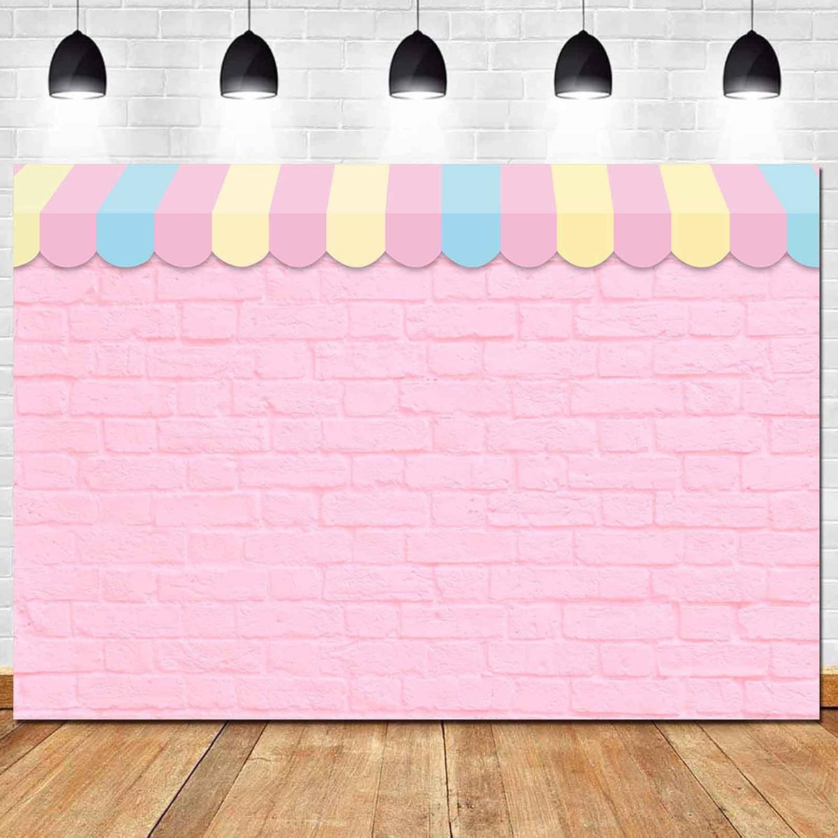 HQM 7X5ft Pink Brick Wall Ice Cream Parlor Photography Background Fabric Princess Girl Kids Baby Girl Birthday Party