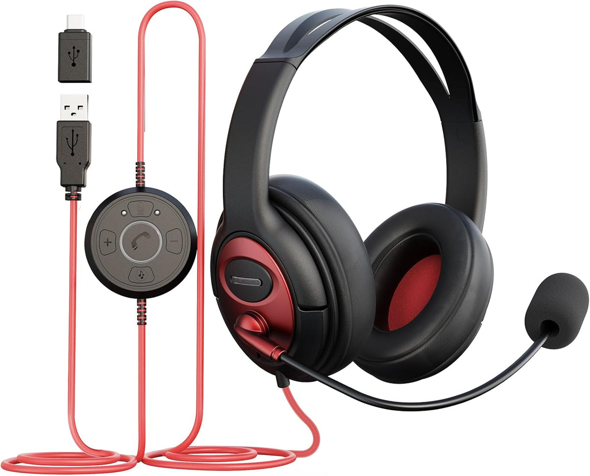 MAIRDI USB Headset with Microphone, Wired PC Headset, USB-A & USB-C Computer Headset with Mic Noise Canceling for Laptop Teams Office Work CallCenter Business Dragon Naturelly Speaking