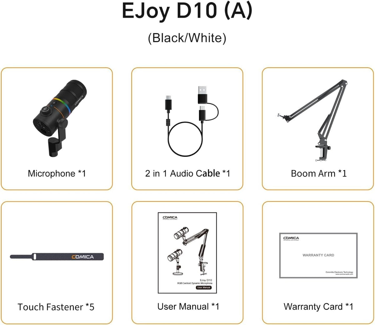 COMICA EJoy D10 A USB/XLR Dynamic Microphone with RGB Light &CalMix Denoise &Mute Button- Studio-Quality Cardioid Mic with Boom Arm Stand for Gaming, Streaming, Podcast,YouTube(PC/PS5/Xbox/Mac-Black