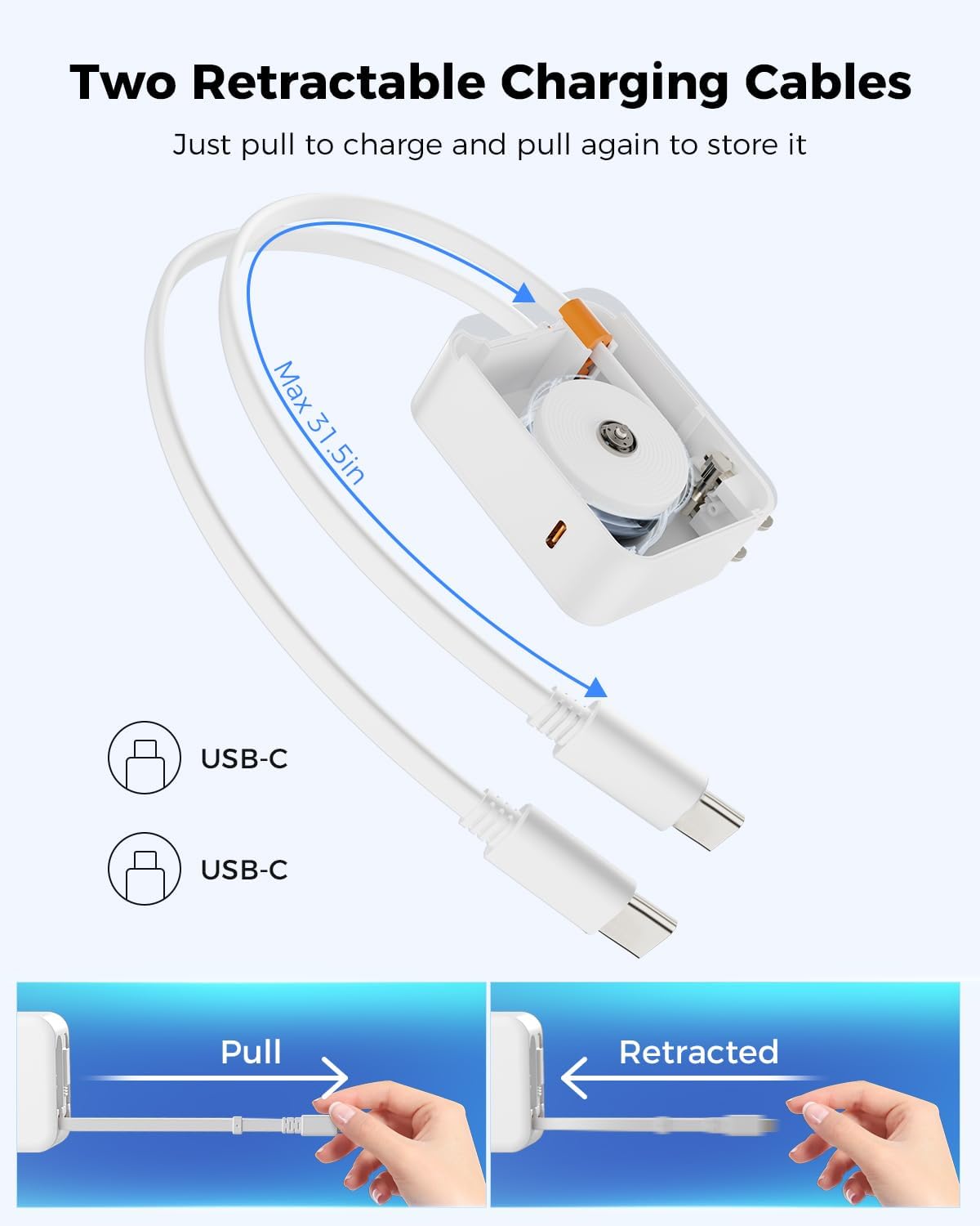 SUPERONE 3 in 1 Retractable Wall Charger with Dual USB C Cables, PD 35W Fast Charging Retractable Phone Charger Wall Plug for iPhone 17/16/15/14/13/12, Pad, Tablet, Samsung, Pixel, and Travel