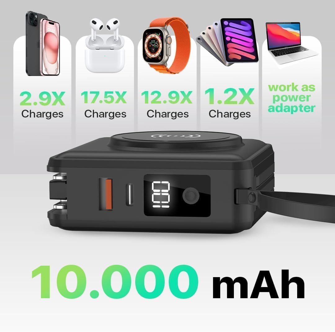 PWR Travel PRO 5-in-1 Power Bank – 10,000mAh with Built-in Cables – 20W USB-C + 15W Wireless Charging – Compact Portable Charger for iPhone & Android- Black