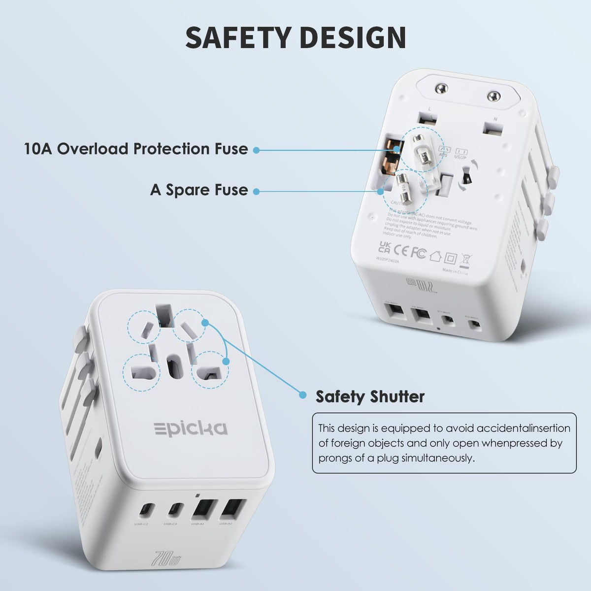 EPICKA Universal Travel Adapter, GaN International Plug Adapter with 3 USB-C 70W PD Fast Charging & 2 USB-A Adaptor All-in-one Wall Charger for USA EU UK AUS (TA-105 Pro, White)