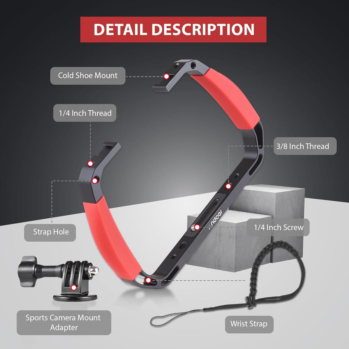 Andoer Cage Advanced Cage Kit Mounting Kit for Camcorder Aluminium Alloy Sports Camera Underwater Diving Rig Portable Stabilizer for Action Camera Cage Dive Rig, red