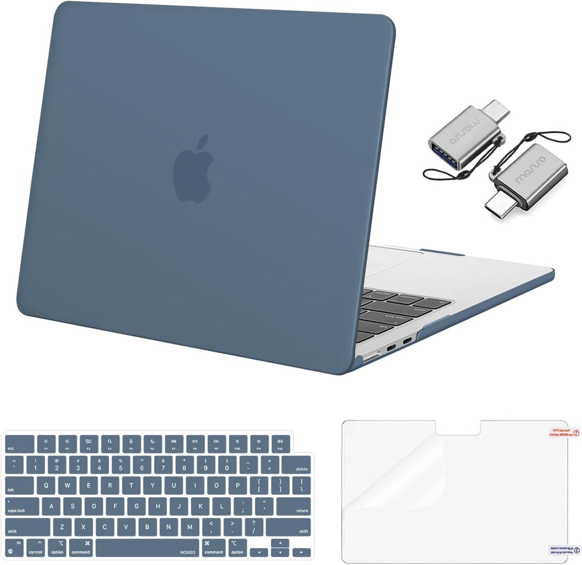 MOSISO Compatible with MacBook Air 13 inch Case 2025 2024 2023 2022 M4 A3240 M3 A3113 M2 A2681, Plastic Hard Shell&Keyboard Cover&Screen Film&Type C for MacBook Air 13.6 inch Case, Steel Blue