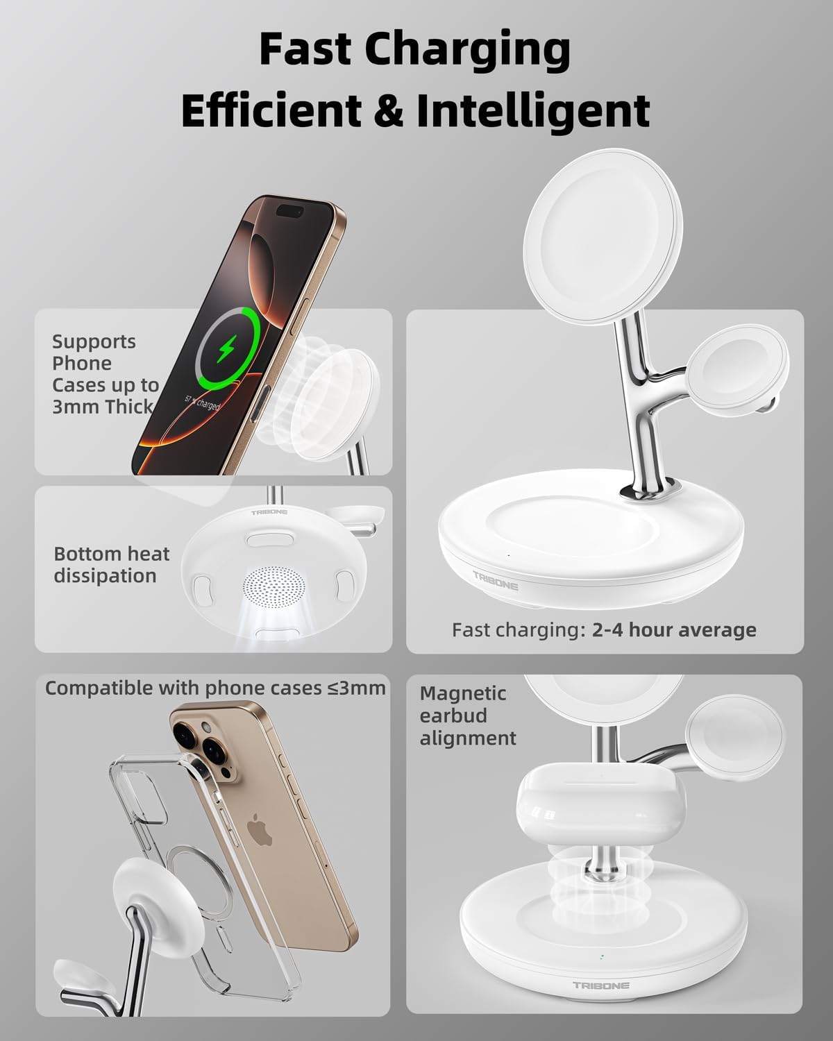 3 in 1 Magnetic Wireless Charger Stand for Apple Devices, TRIBONE Fast Charging Station for iPhone 16/15/14/13/12 Series, Apple Watch, Airpods (White)