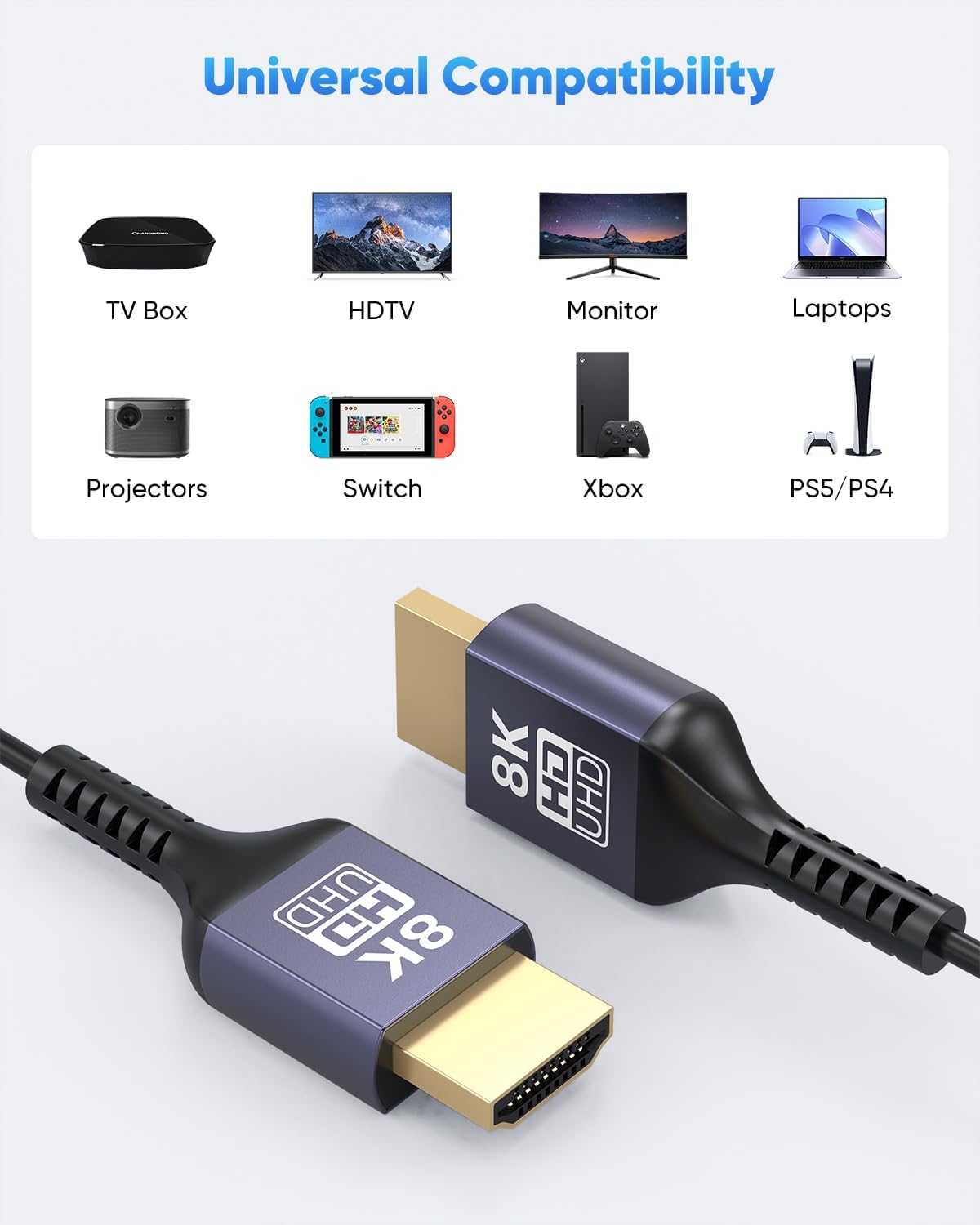 8K 2FT 5-Pack, 2 48Gbps 8K@60Hz, 4K@60Hz, 2K, 1080P, Ultra Thin HDMI Cable Short HDMI Cable Foot Flexible Slim HDMI