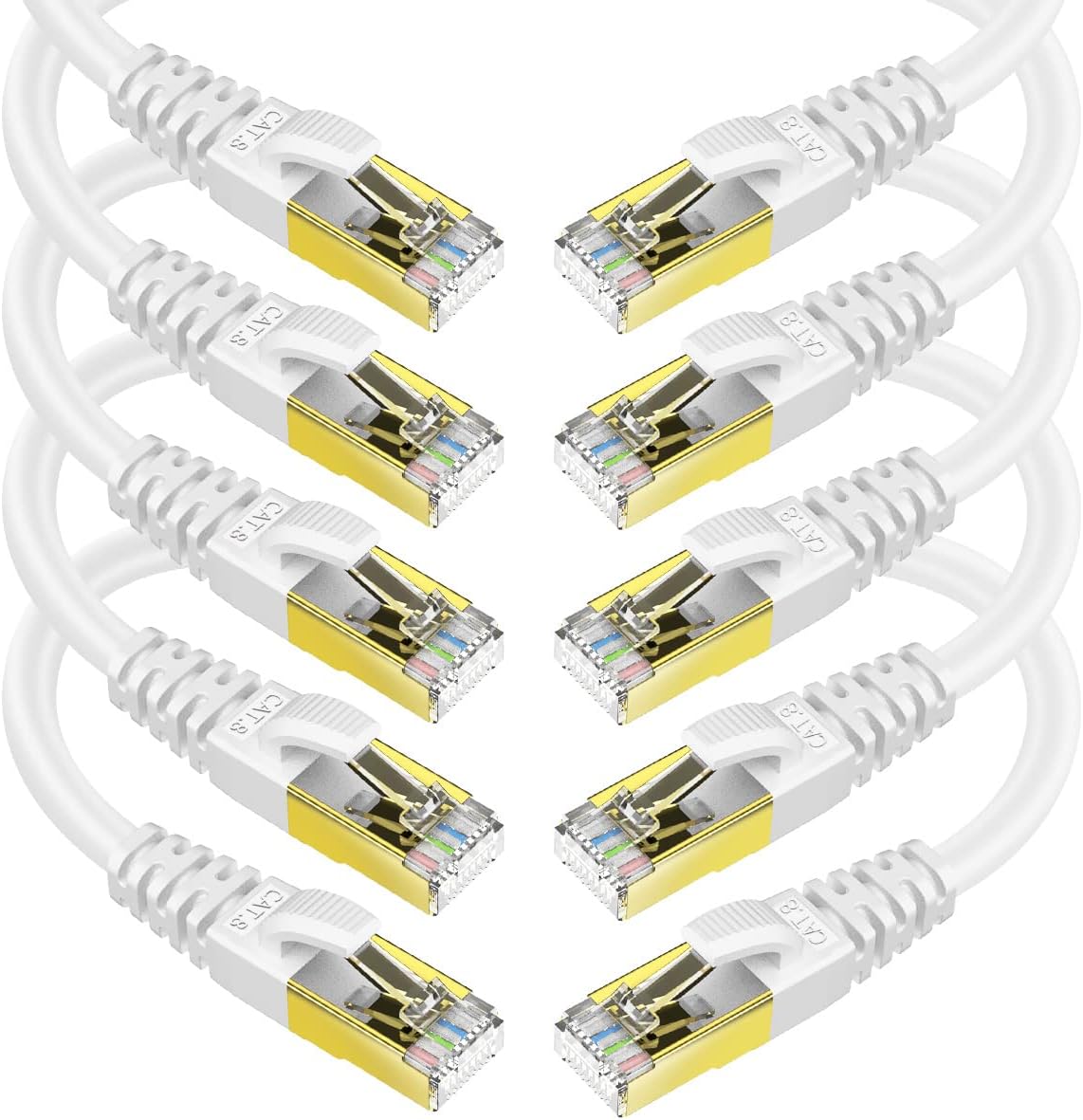 KASIMO CAT 8 Ethernet Cable Shielded SFTP Internet Network Patch Cord, Heavy Duty High Speed LAN Cables w Gold Plated RJ45 Connector Professional for Router, Modem, Gaming (5 Feet, 10 Pack White)
