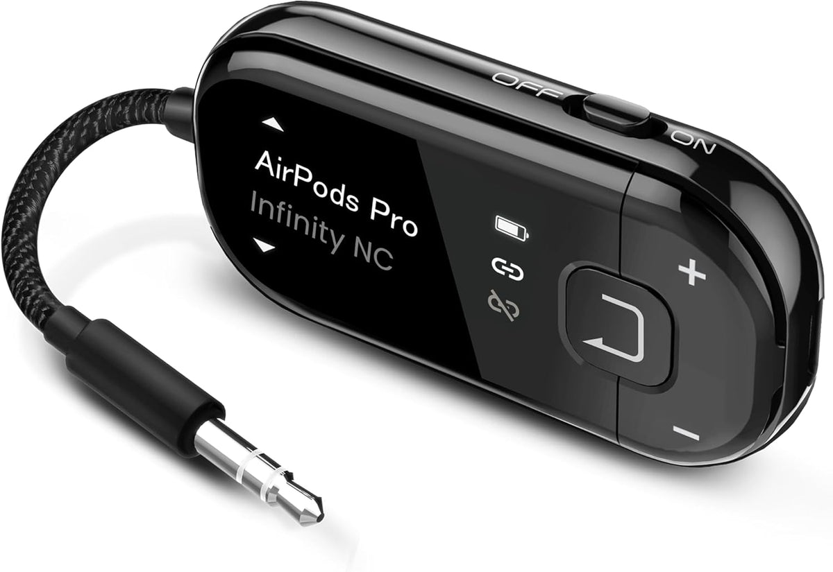 Avantree Voyager - Airplane Bluetooth Adapter for Headphones & AirPods, Bluetooth 5.4 with Latest Auracast & OLED Display, Qualcomm Chip, aptX Adaptive, Wireless Audio Transmitter for Travel & Flight