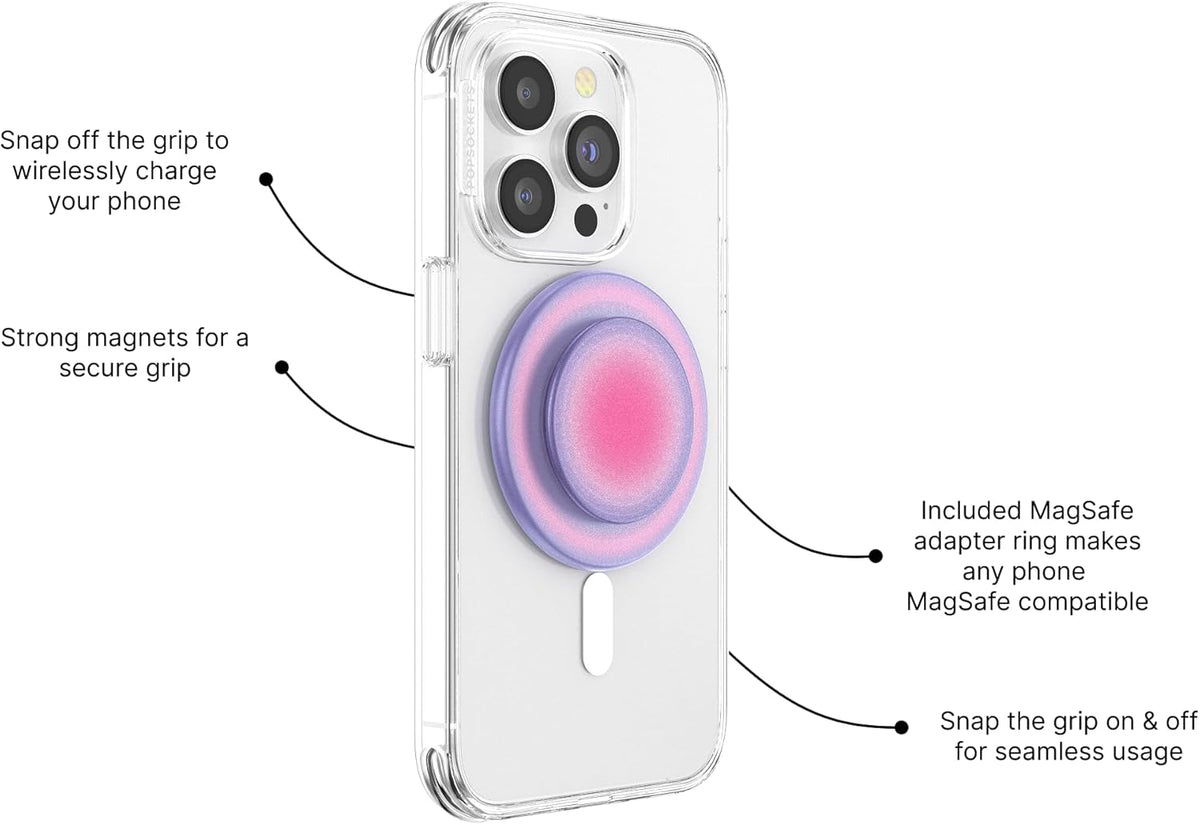 PopSockets Phone Grip for MagSafe with Kickstand, Magnetic Stand, Swappable Top, Secure Hold for iPhone MagSafe Cases, Phone & Tablet Grip, Cute PopSockets, Pink, Purple - Aura