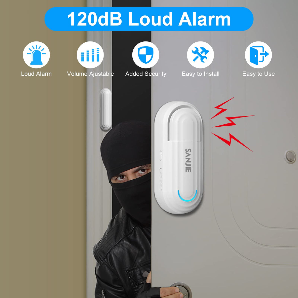SanJie Window Alarm Sensors Door Alarms for Home Security Volume Ajustable 0-120 DB Pool Door Alarms for Kids Safety with 4 Modes Open