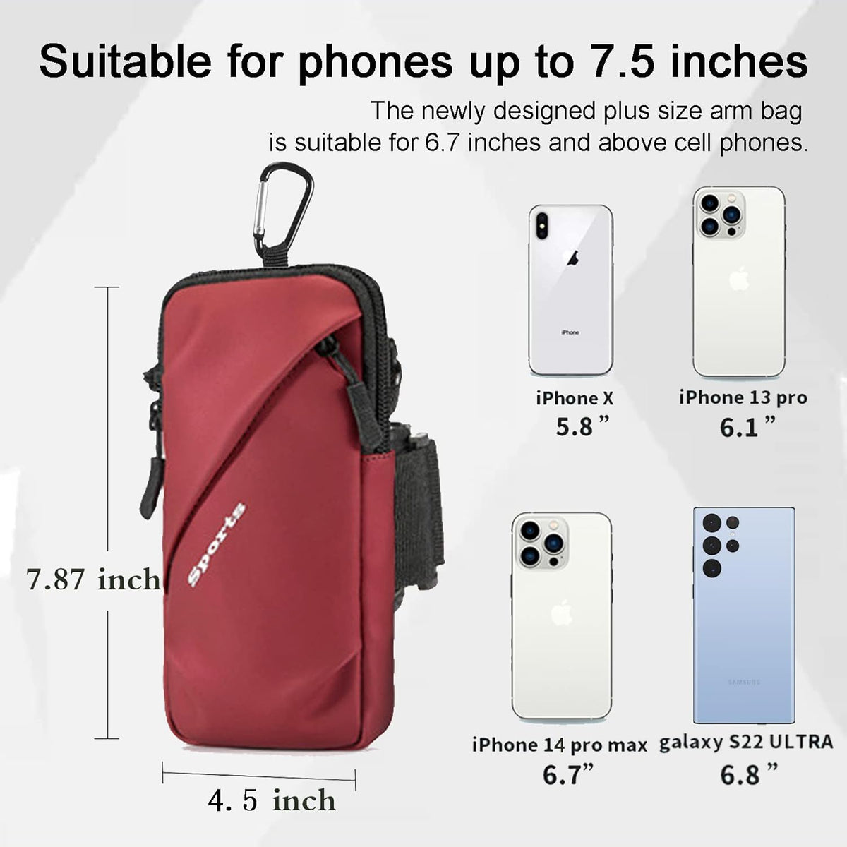 Cell Phone Holder Arm Band, Small Crossbody Shoulder Holsters Bag with Armband, Fits iPhone and All Cell Phones, Use for Running, Walking, Hiking & Biking (Plus Size,Red)