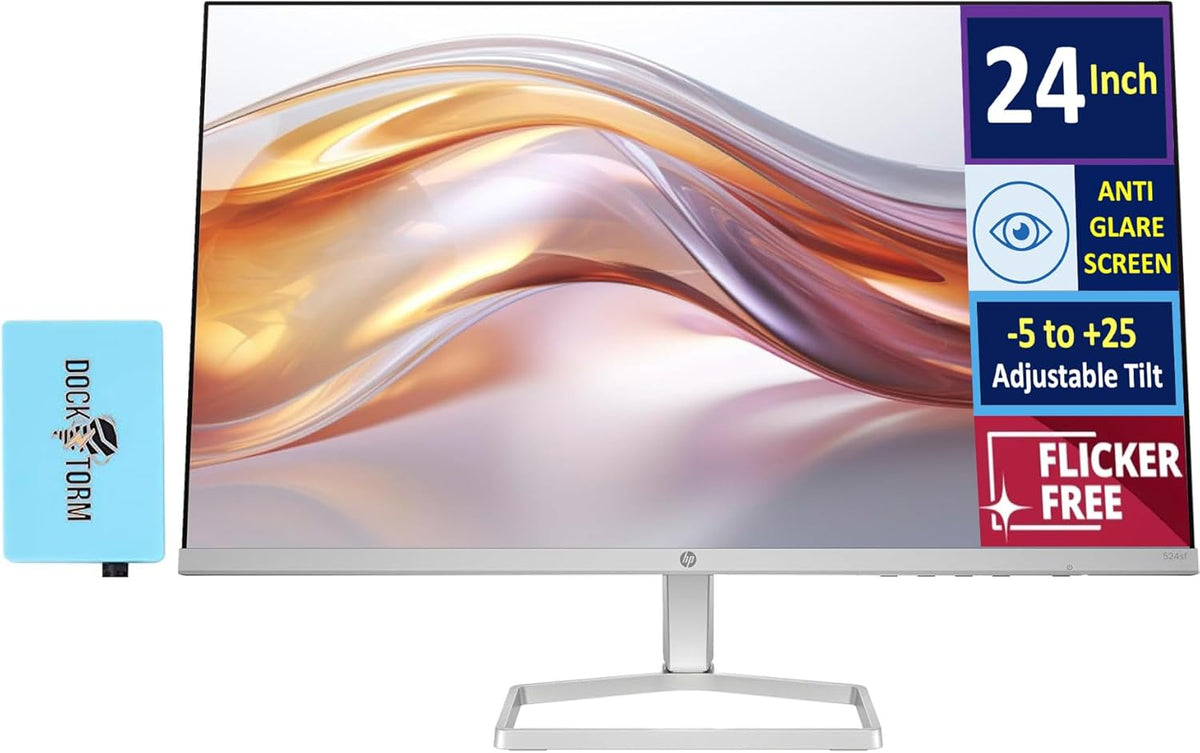 HP Series 5 524sf Monitor (Replaces M24f) 24" IPS FHD 300 nits Display, -5 to +25 Degrees Adjustable Tilt, Flicker Free, Anti-Glare, 1x HDMI, 1x VGA, Black/Silver w/Dockztorm HUB USB Port Expander