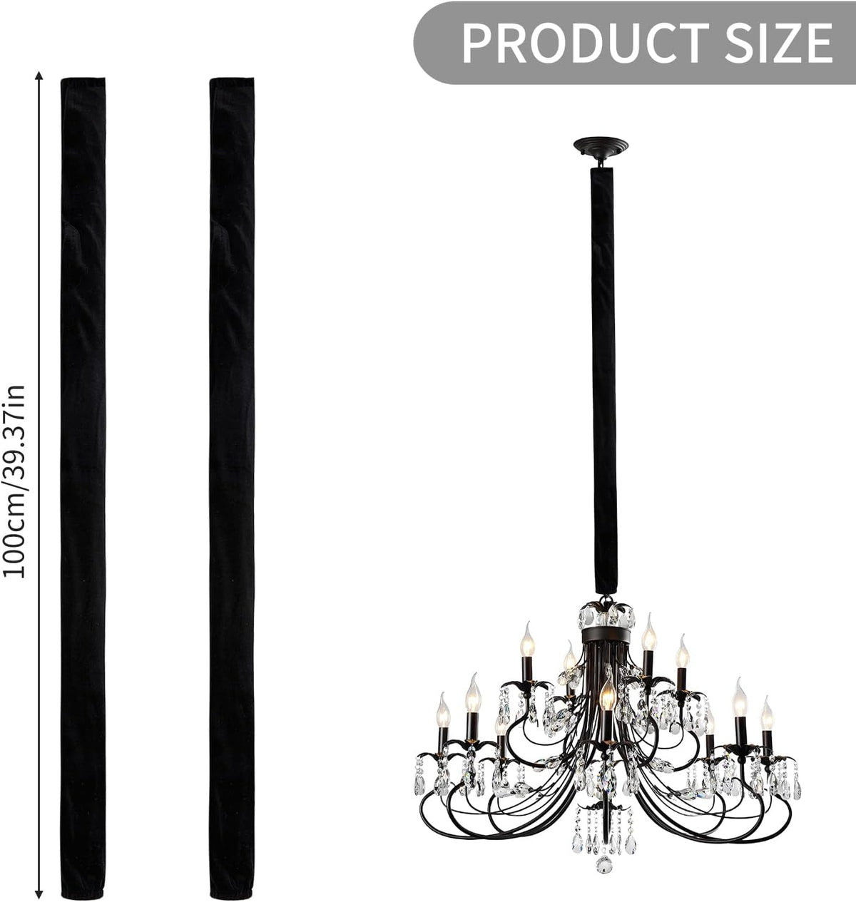 2 39.4 inches NICENEEDED PCS Chandelier Fabric Cord Cover, Black Chandelier Chain CoverChain Cable Sleeve, Velvet Cloth