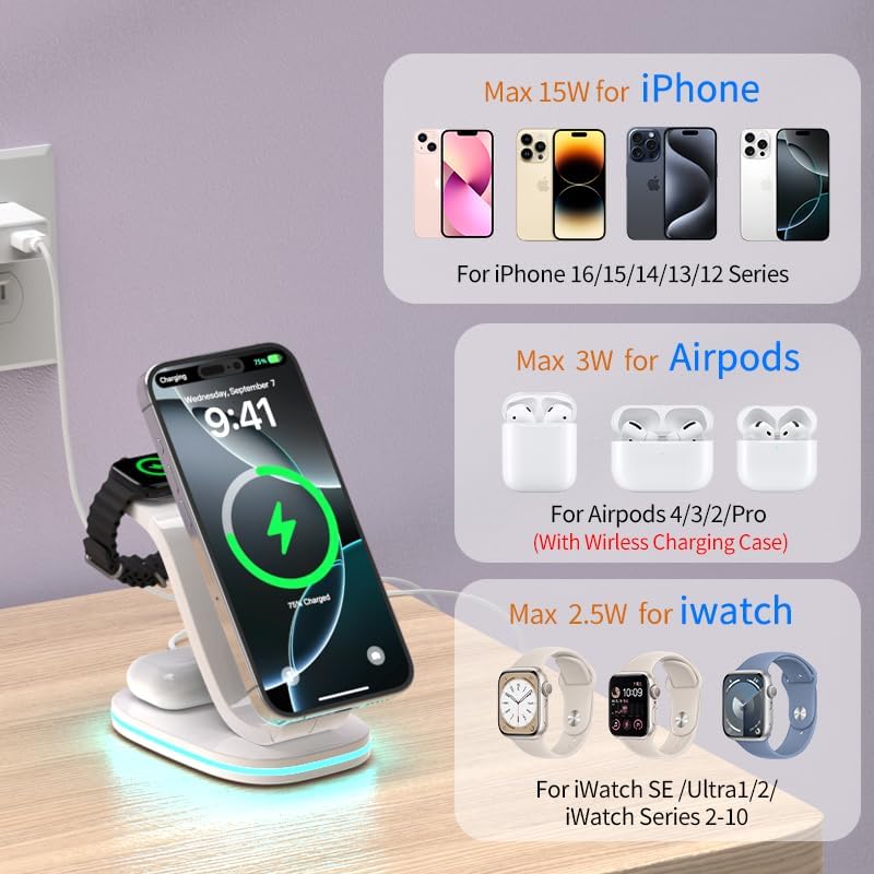3 in 1 Wireless Charging Station for Qi2 Apple Multiple Devices, 30W USB C Adapter&Light, Fast Mag-Safe Charger Stand Compatible with iPhone 16 15 14 Pro Max, Apple Watch Series 10 9 & Airpods 4 3 Pro