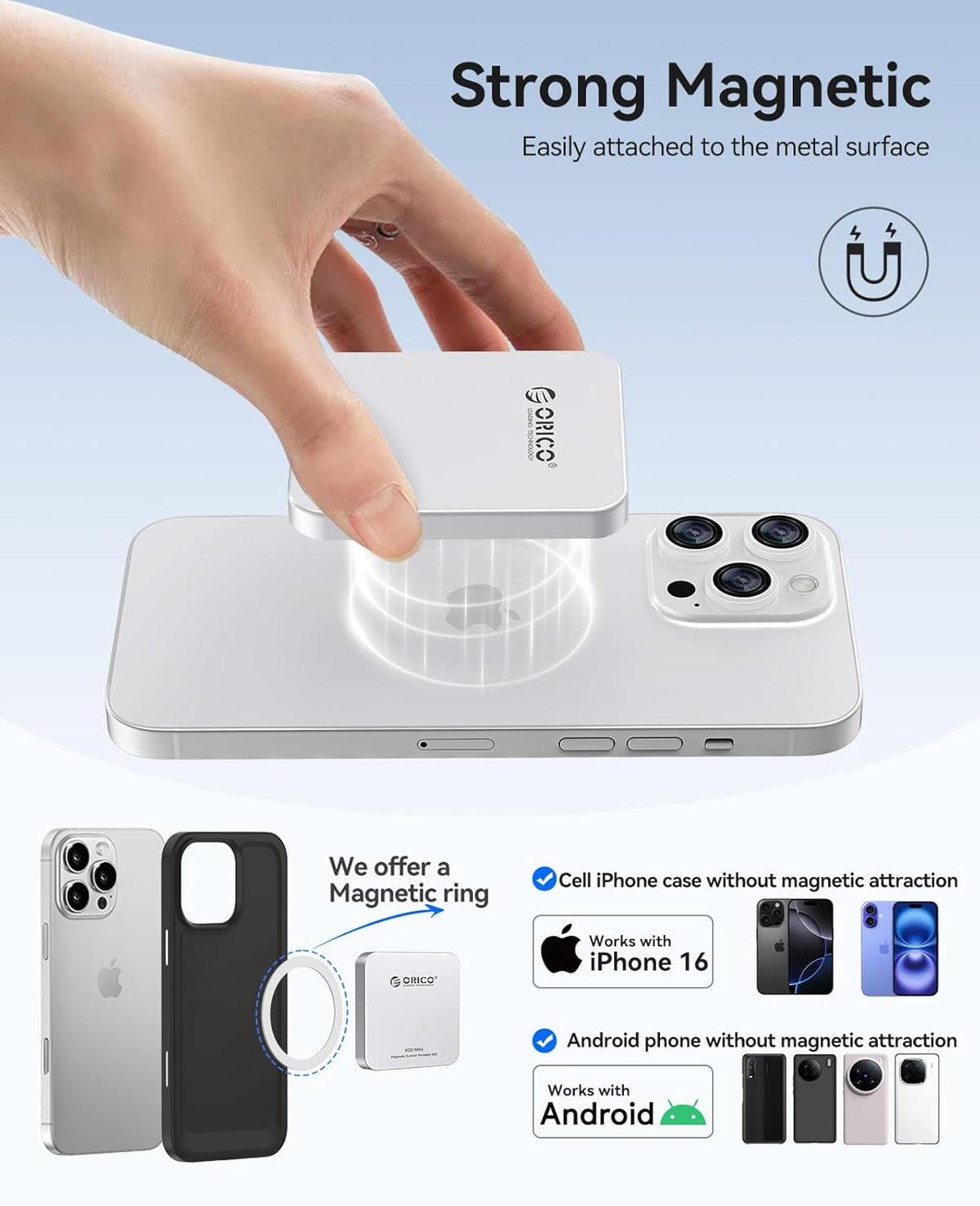 ORICO 1TB Magnetic External SSD, Aluminum Alloy, Up to 2000MB/s, 4K 120Hz ProRes HDR Record and Store, External Solid State Drive, Compatible with iPhone 16 Pro Max, Tablet, Computer - K20MINI